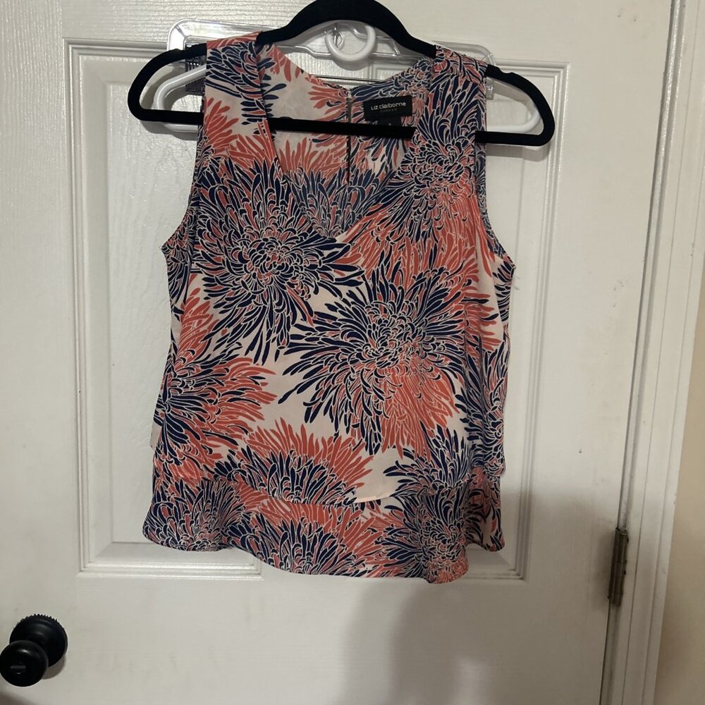 Liz Claiborne Career Womens Floral Tiered Tank Blouse Coral Blue Sleeveless